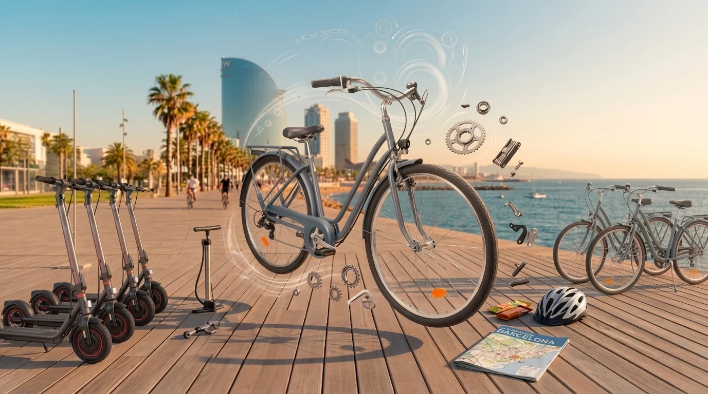 Bicicletas y patinetes de alquiler en el paseo maritimo de Barcelona